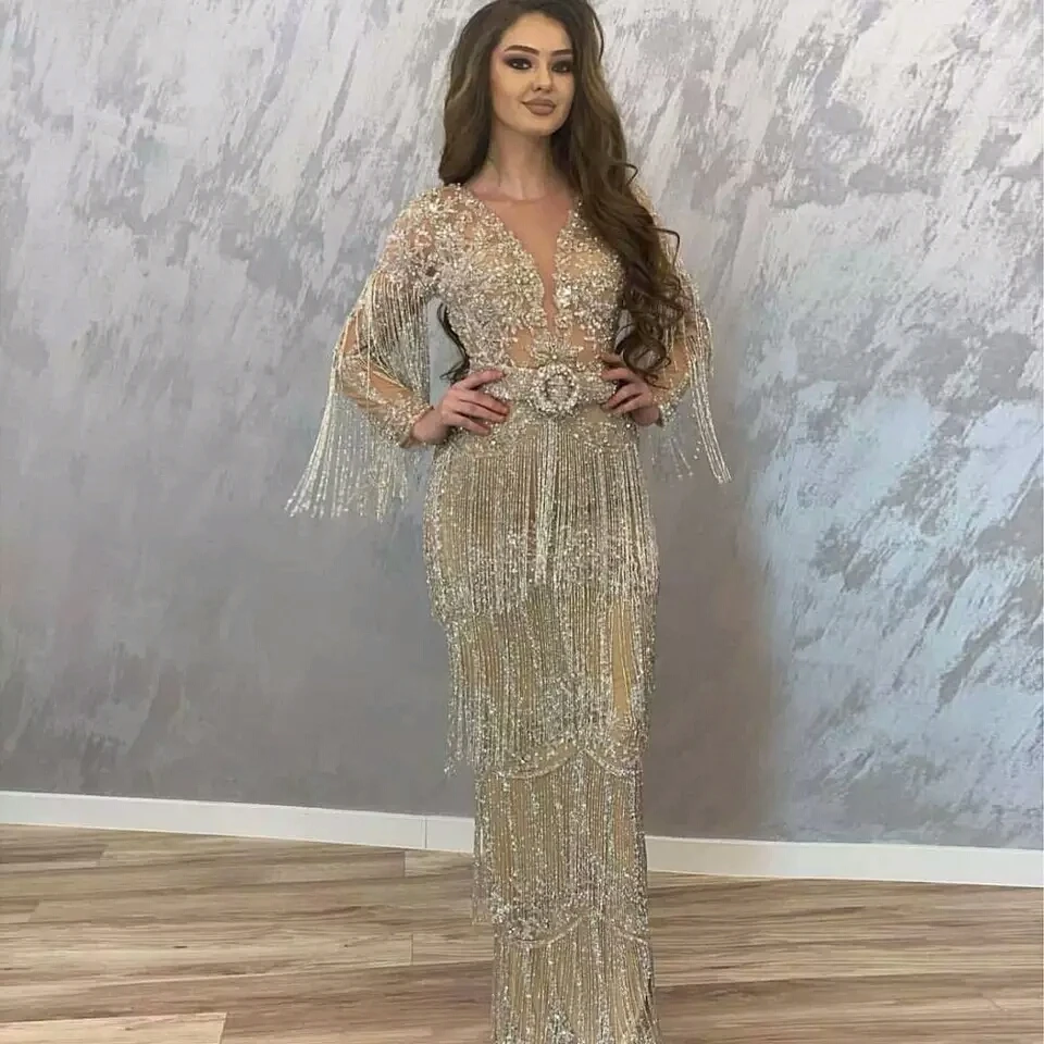 

Arabic Beading Pink Evening Dresses Puffy Cloud Tiered Prom Party kaftans Islamic V Neck Pageant Gowns Custom Robe De Soiree