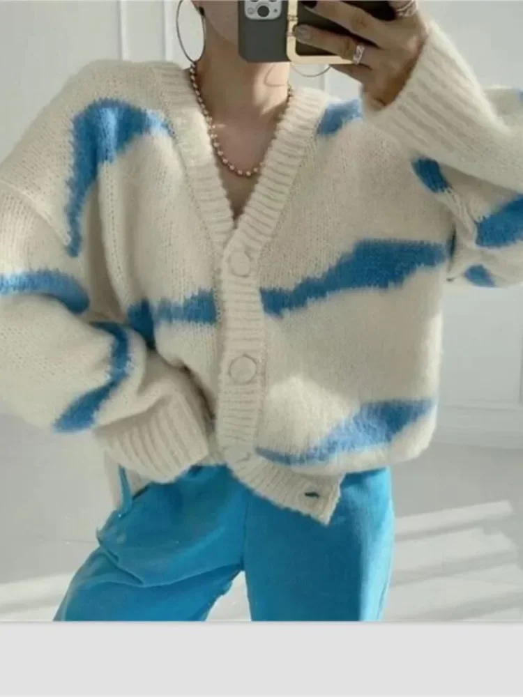 Женские свободные полосатые свитера корейские вязаные кардиганы с v-образным