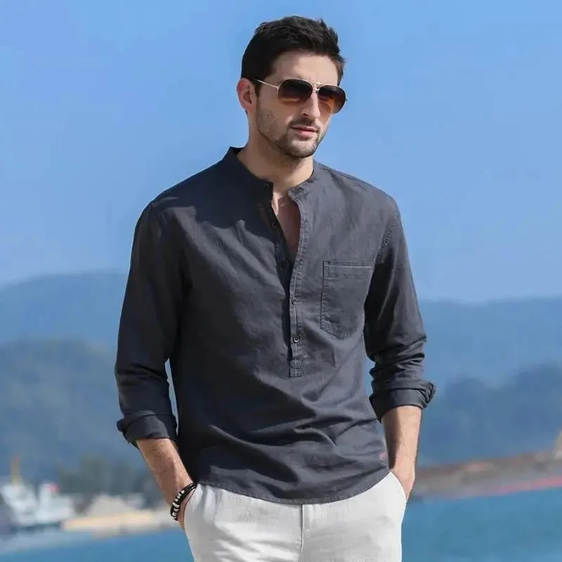 

Solid Men Shirt Long Sleeve Half Cardigan Vintage Clothes Spring Fashion Shirts Stand Collar Cotton Linen Tops Chemise Homme