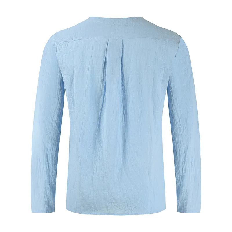 Fashion New Men Shirts Cotton Linen Solid Lace-up Pullover Tshirt Man Casual Long Sleeve Loose Tee Spring Autumn Men's Clothing