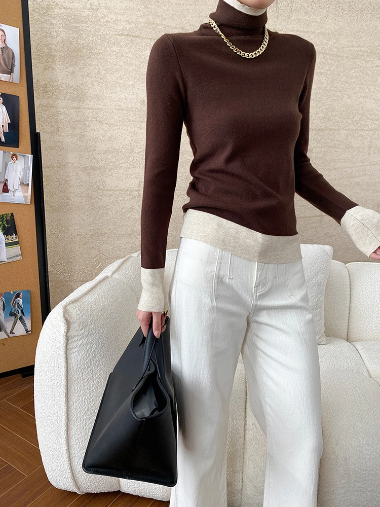 [EAM] Серый тонкий вязаный свитер с цветными блоками водолазка длинным рукавом