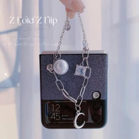 glitter pearl case with lanyard for samsung z flip 3 woman with flash drill powder with chain design case for galaxy z fold