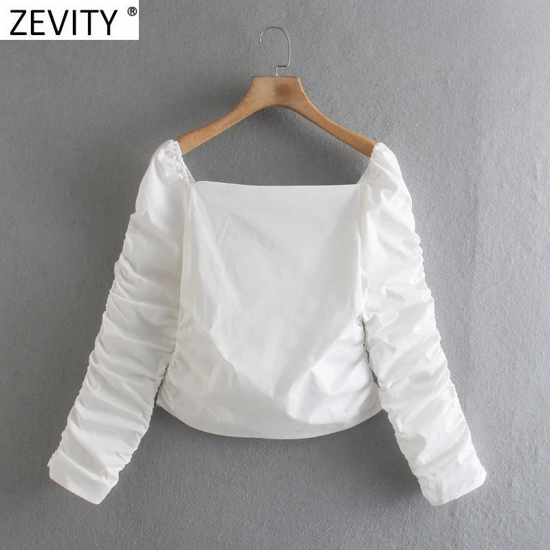 

Zevity Women French Style Slash Neck Pleated Short Blouse Lady Chic Puff Sleeve Back Elastic Zipper Shirt Slim Crop Tops LS10010