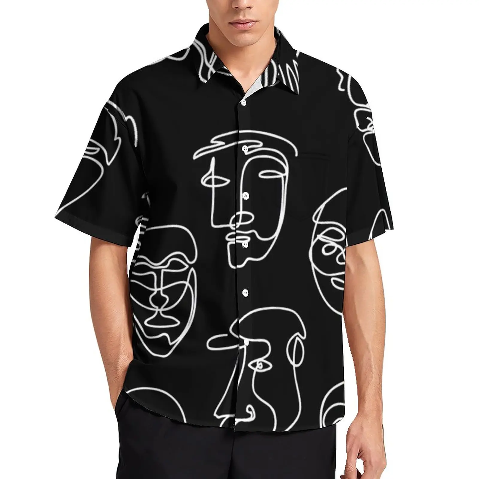 

Single Line Face Design Loose Shirt Men Beach Abstract Art Casual Shirts Summer Graphic Short Sleeves Vintage Oversize Blouses