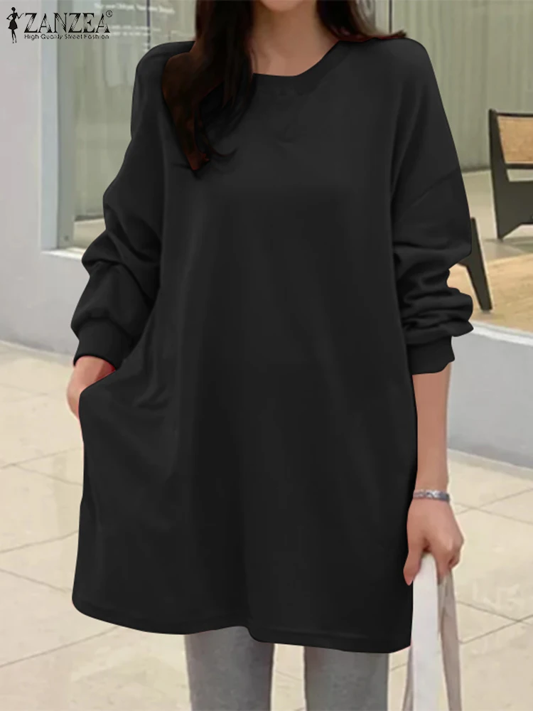 

ZANZEA 2023 осеннее платье-свитшот большого размера, женские повседневные толстовки, пуловер, мини-платья, свободное зимнее платье с круглым вырезом и длинным рукавом