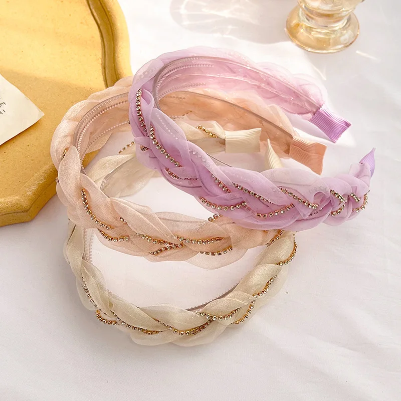 

Корейские стразы, плетеные витые ленты для волос, ободок для волос, Женская сетчатая повязка для волос, нескользящая повязка на голову