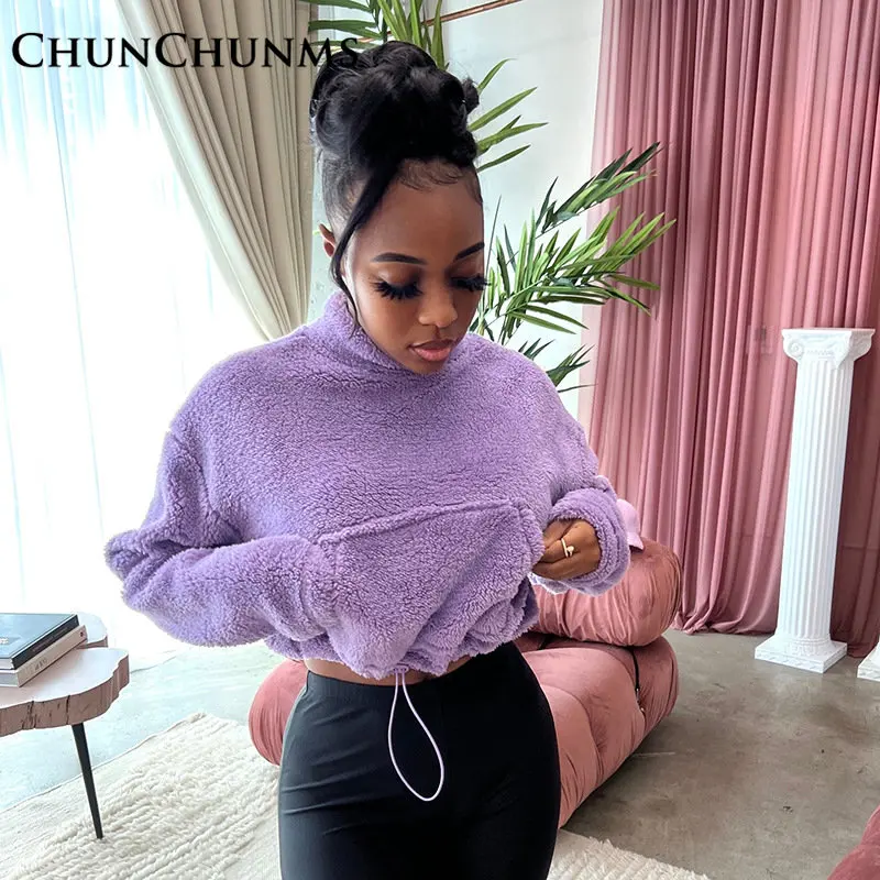 

Плюшевый теплый пуловер, свитшот, женская зимняя пушистая футболка с воротником-стойкой и карманами, топы, уличная свободная Спортивная футболка, Y2k одежда, 2022