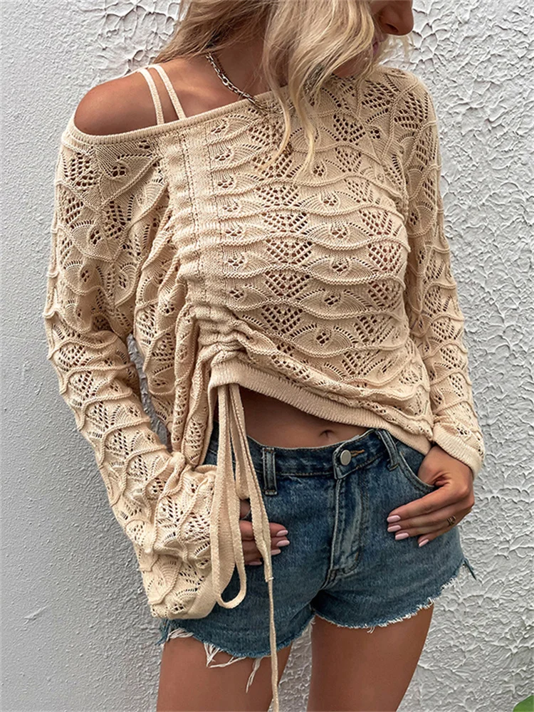 

CHRONSTYLE Autumn Winter Warm Women Pullovers Sweaters Tops Crochet Hollow Out Knitted Long Sleeve Drawstring Loose Sweaters