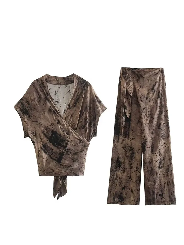 

Женская двубортная блузка BSK & ZA & TRF, блузка с V-образным вырезом и принтом, украшенная шнуровкой, 2464682, 2023