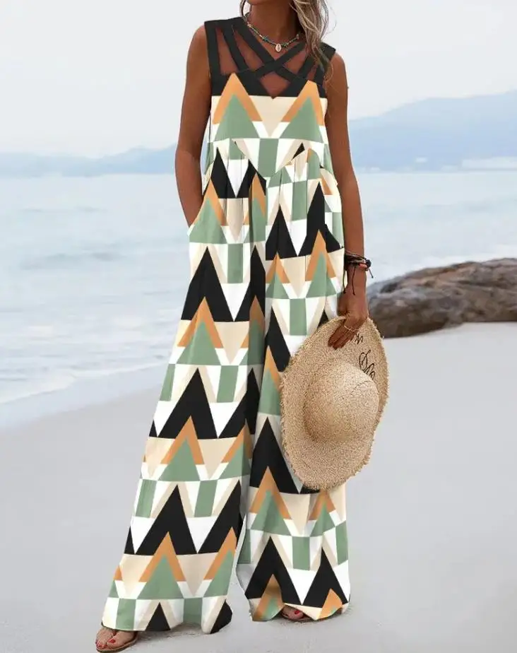 

Fashion New Trend Geometric Print Sleeveless Wide Leg Jumpsuit Simple women's overalls jeans Autumn Long jumpsuit elegant