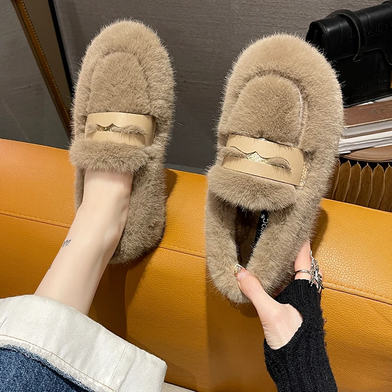

Loafers Fur Shoes Woman 2022 Slip-on Shallow Mouth Casual Female Sneakers Round Toe New Slip On Retro Moccasin Winter Driving Sl