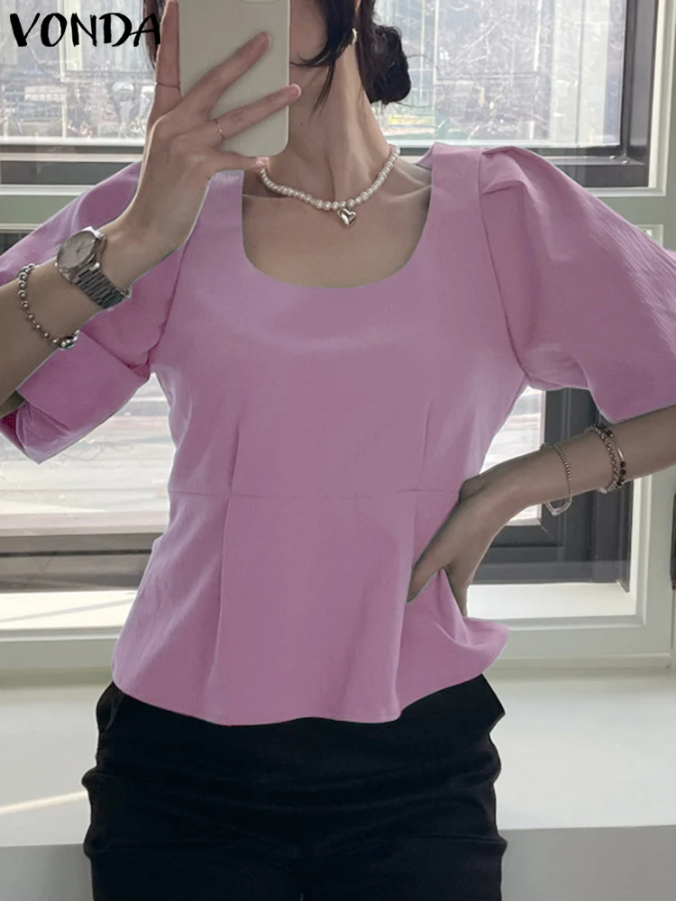 

Summer Tunic Tops VONDA Fashion Women Blouse 2023 Square Collar Solid Short Puff Sleeve Shirts Casual Loose Blusas Femininas