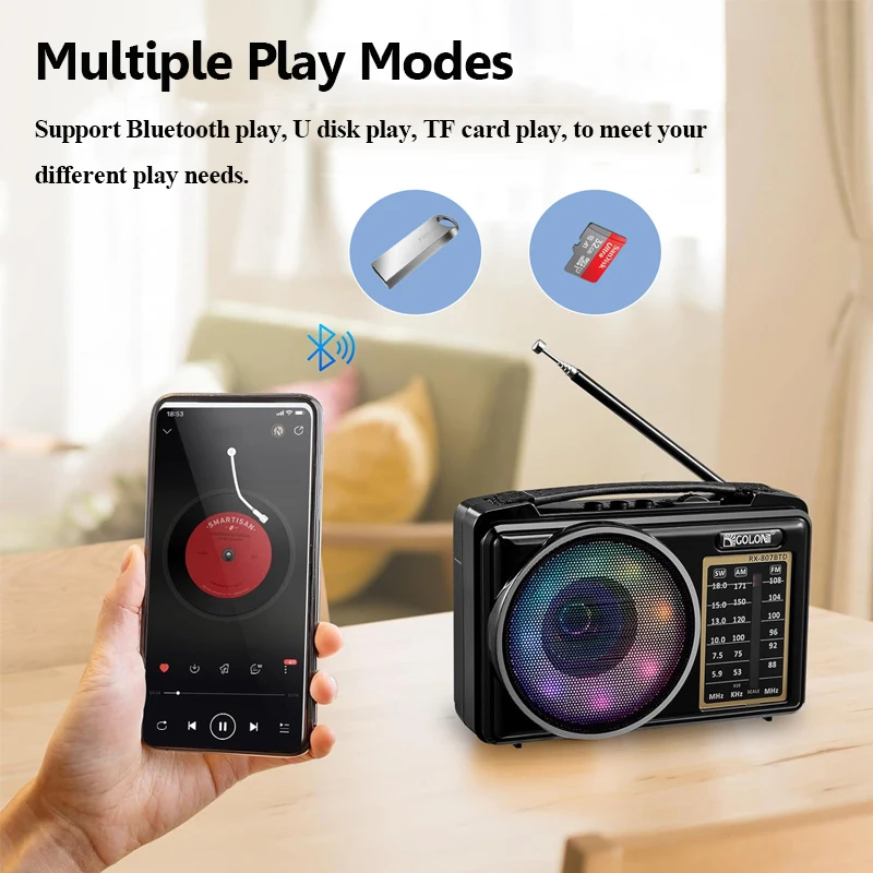 Портативный FM AM SW радиоприемник Полнодиапазонный яркий окружающий Bluetooth динамик