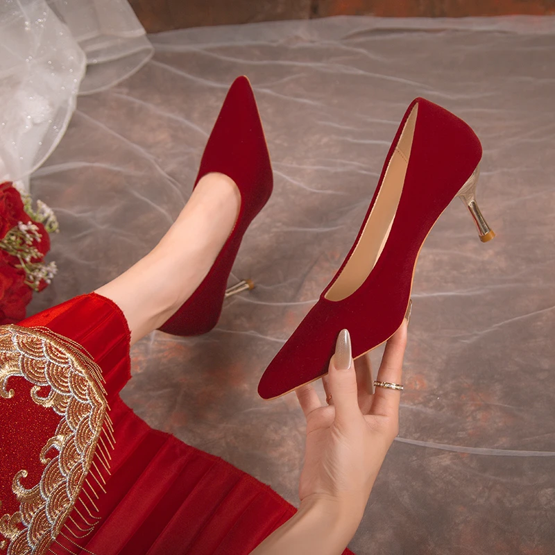 Туфли-лодочки женские на высоком каблуке флоковые заостренный носок без