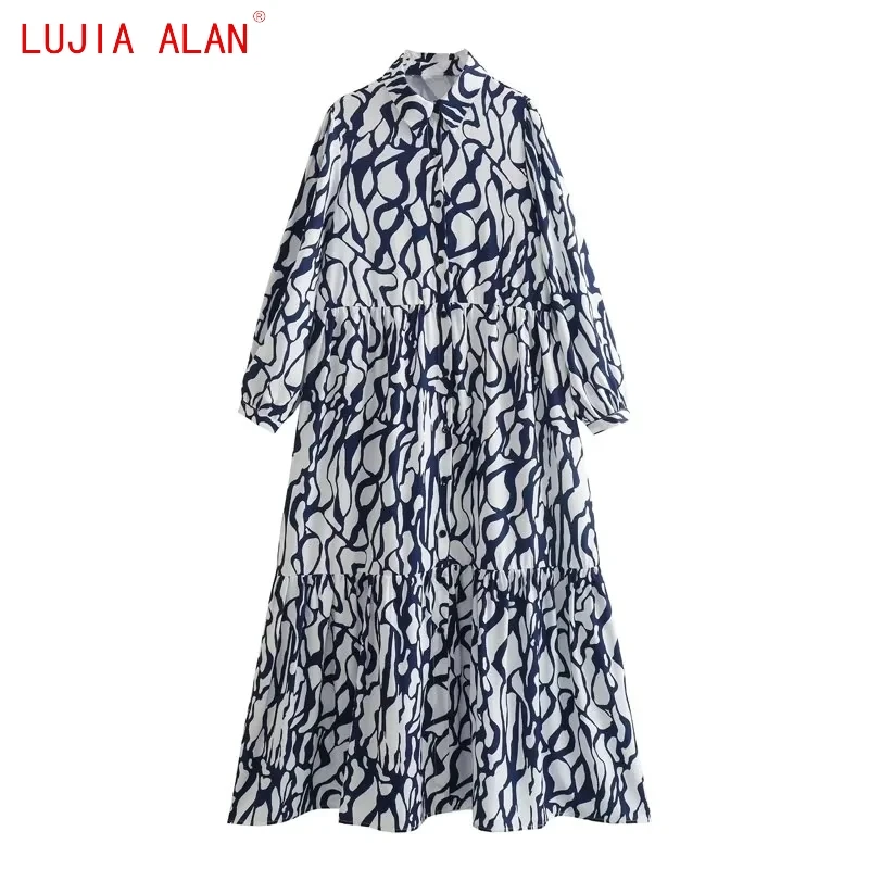 

Autumn New Women's Graffiti Printed Tiered Ruffle Midi Dress Female Casual Nine Quarter Sleeve Loose Vestidos LUJIA ALAN WD3217