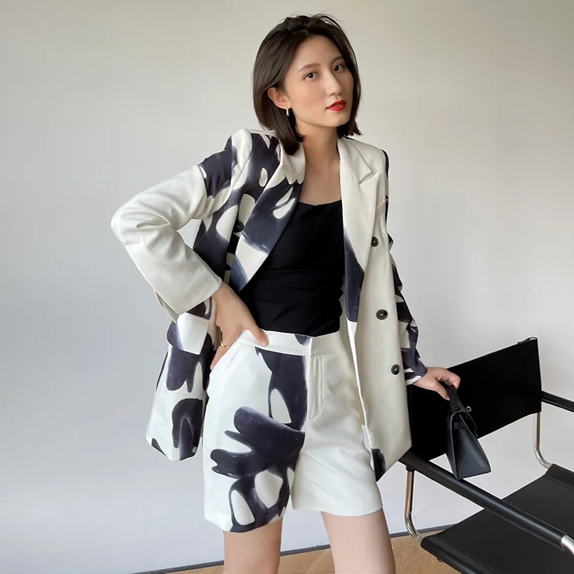 

Print New Suit Vintage 2023 Autumn Women's Long Sleeve Blazer and Short Pants Fashion Two Pieces Sets Streetwear