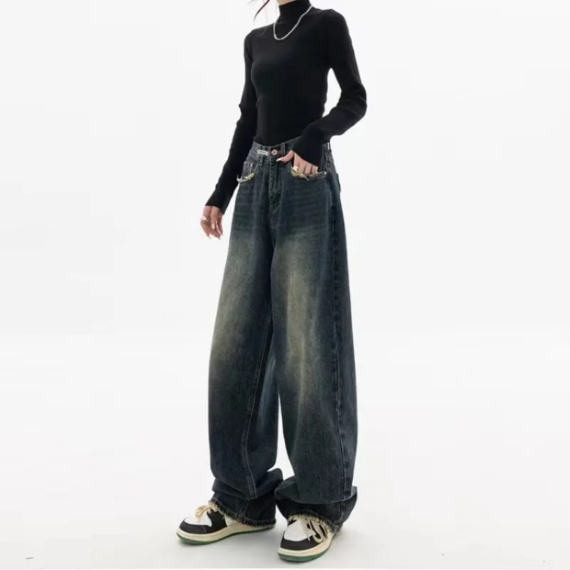 Autumn and Winter New Fashion Trendy Jeans Women's Straight Loose Wide-Leg Pants Water Blue Retro Slim Fit