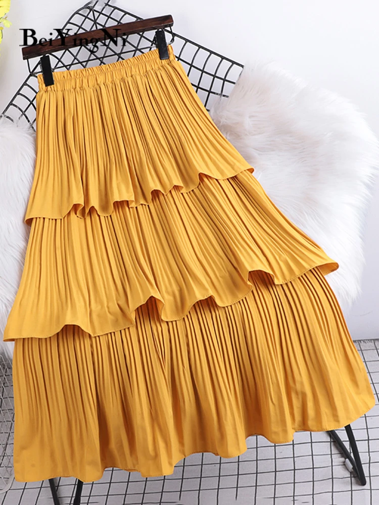 

Beiyingni Women Skirt Summer Patchwork Korean Elastic Waist Pleated Midi Long Skirts Female Solid Color Slim White Cupcake Skirt