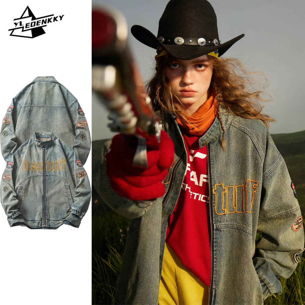 

Cargo Denim Jackets Men High Street Washed Distressed Motorcycle Coats Hip Hop Letter Embroidery Patchwork Cowboy Jackets Unisex