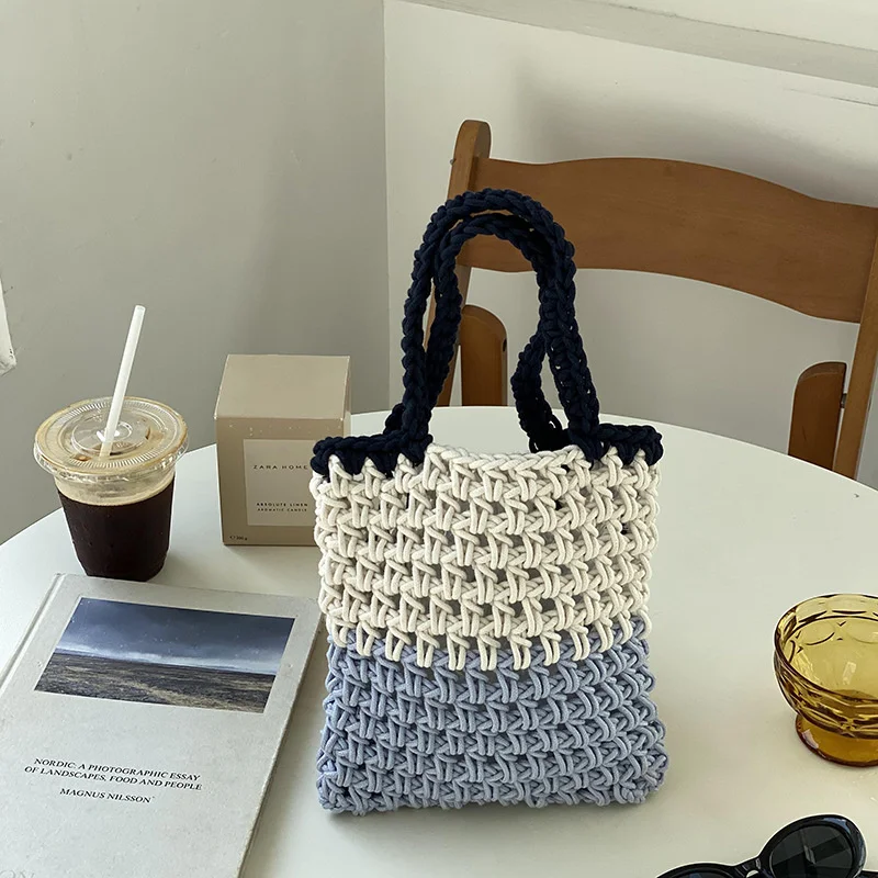 

Женская плетеная Ретро сумка-тоут из хлопка и веревки, пляжные сумки контрастных цветов с вырезами для девушек, из полиэстера и хлопка