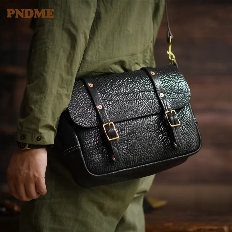 PNDME high quality genuine leather men's black messenger bag casual designer organizer outdoor real cowhide shoulder bag satchel