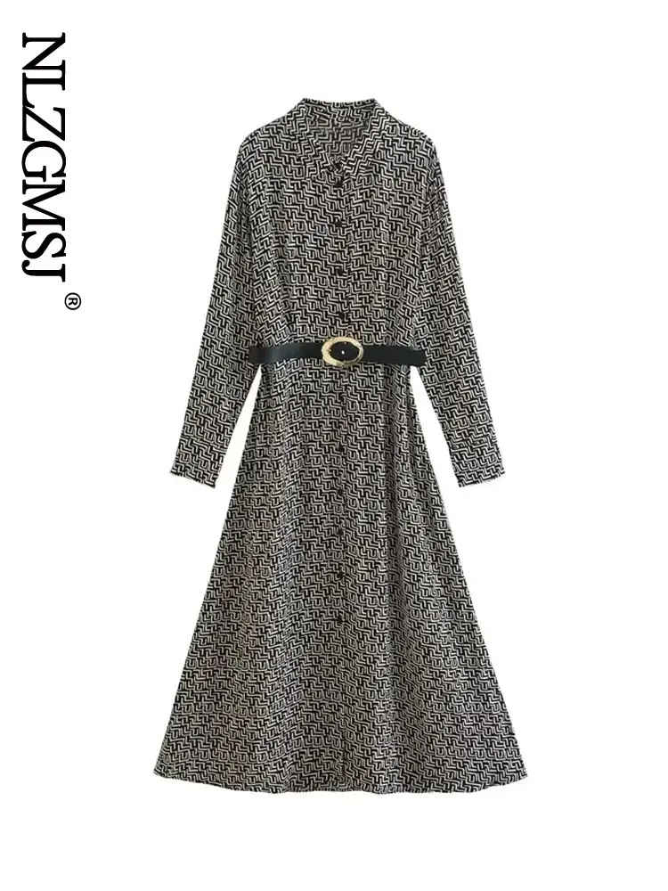 

Printed Belt Shirt Dress Woman Vintage Midi Dress Women Autumn Long Sleeve Elegant Dresses For Women Button Casual Dresses