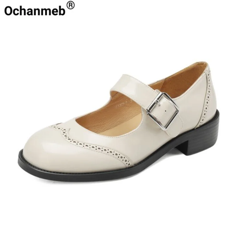 

Ochanmeb Women Genuine Leather Mary Jane Shoes Brogue Carved Hollow Out Block Mid-heels Pumps For Woman Buckle Round Toe Pump 42