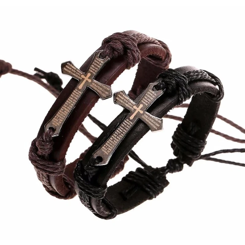 

Fashion Men Women Jewelry Gift Vintage Leather Bracelets Bangles Metal Cross Jesus Charm Bracelet Adjustable Wax Cord Bracelet