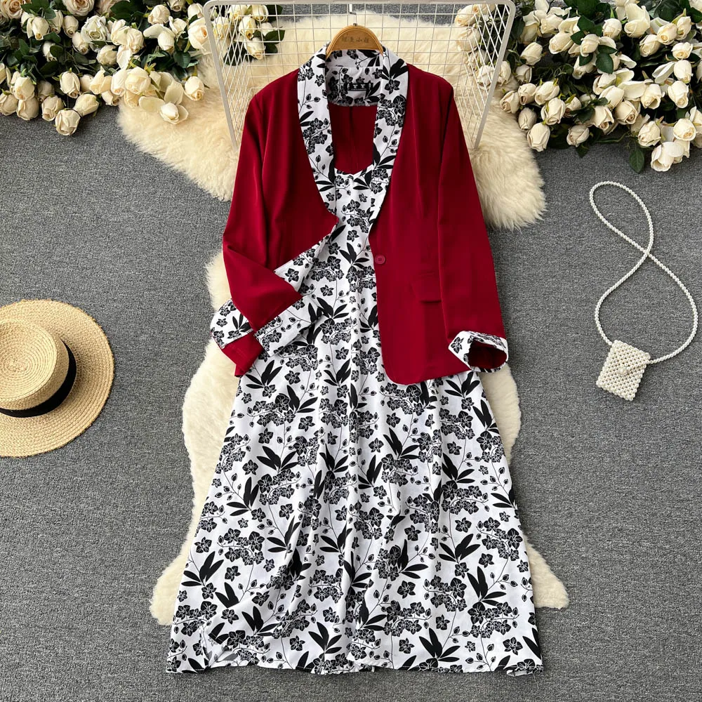 

2022 Summer New Mid-Length Fake Two Pieces, Suit Collar Stitching Floral A- line Dress
