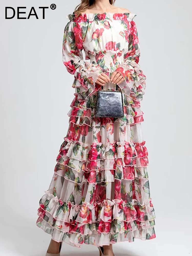 

[DEAT] Women's Evening Dress Slash Neck Long Sleeve Tierred Print Gauze Waist Zipper Fashion Dresses Summer 2023 New 13DB1559