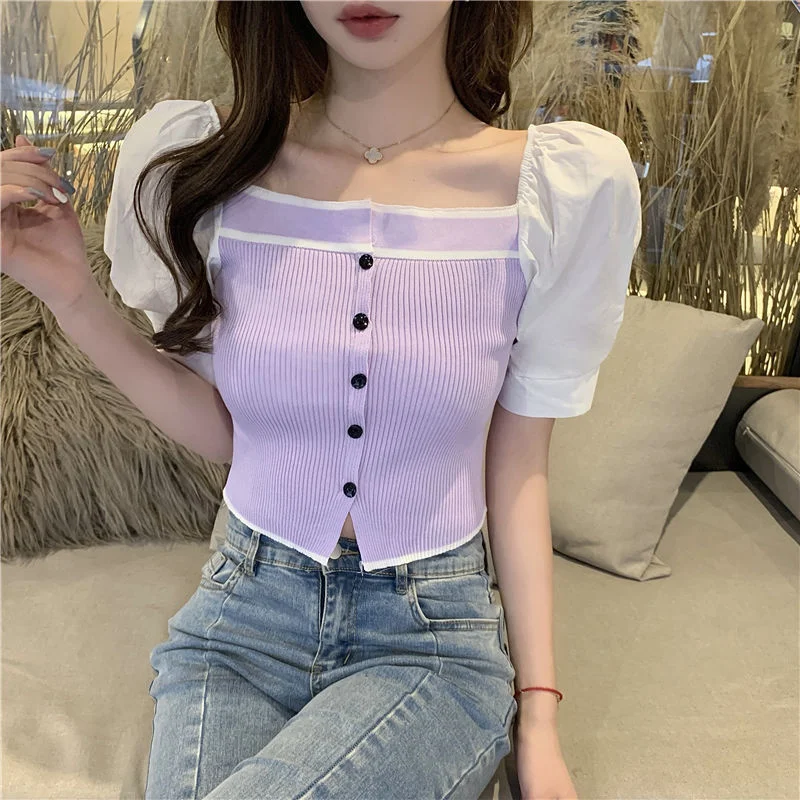 

T-shirts for Women Off Shoulder Slash Neck Knitting Sexy Club Crop Tops Female Short Sleeve T-shirts Button Party Clothes