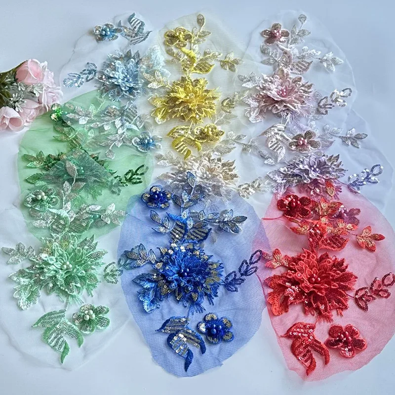 

1Ps Pink Blue 3d Sequin Flower Patches Bead Embroidery Patch Military Applique Sew Clothing Wedding Evening Dress Accessory DIY