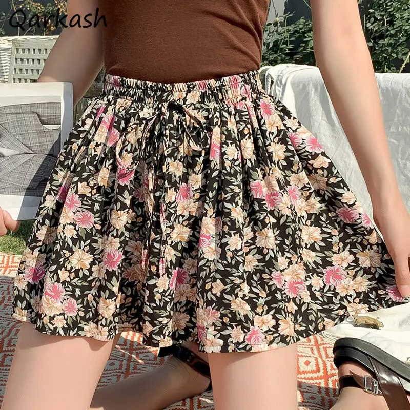 

Chiffon Shorts Women S-5XL Retro Aesthetic Floral Baggy High Waist Chic Summer Lady Trouser Wide Leg Simple Drawstring All-match