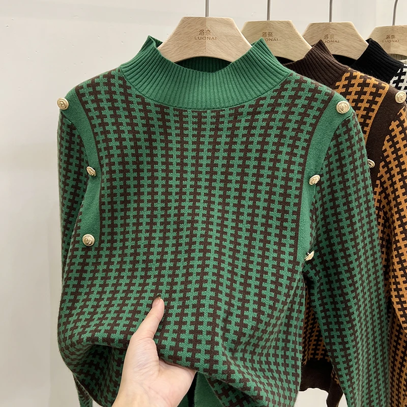 

Women's Autumn and Winter New Korean High-end Temperament Semi High Collar Long Sleeve Loose Button Plaid Fashion Knitwear