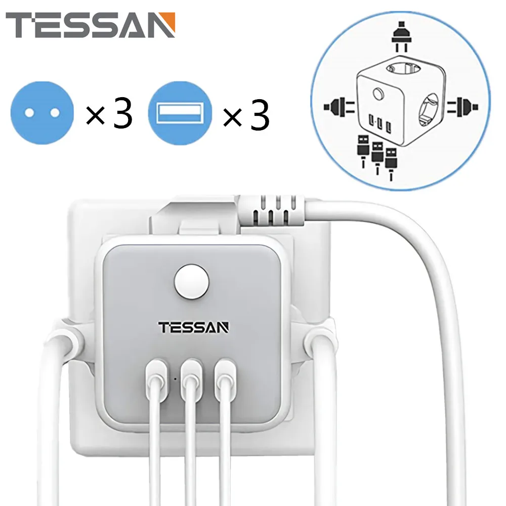 

TESSAN EU Plug Power Strip with Switch 3 AC Outlets 3 USB Charging Ports 5V 2.4A Portable 6 In 1 Multi Socket Cube Power Adapter