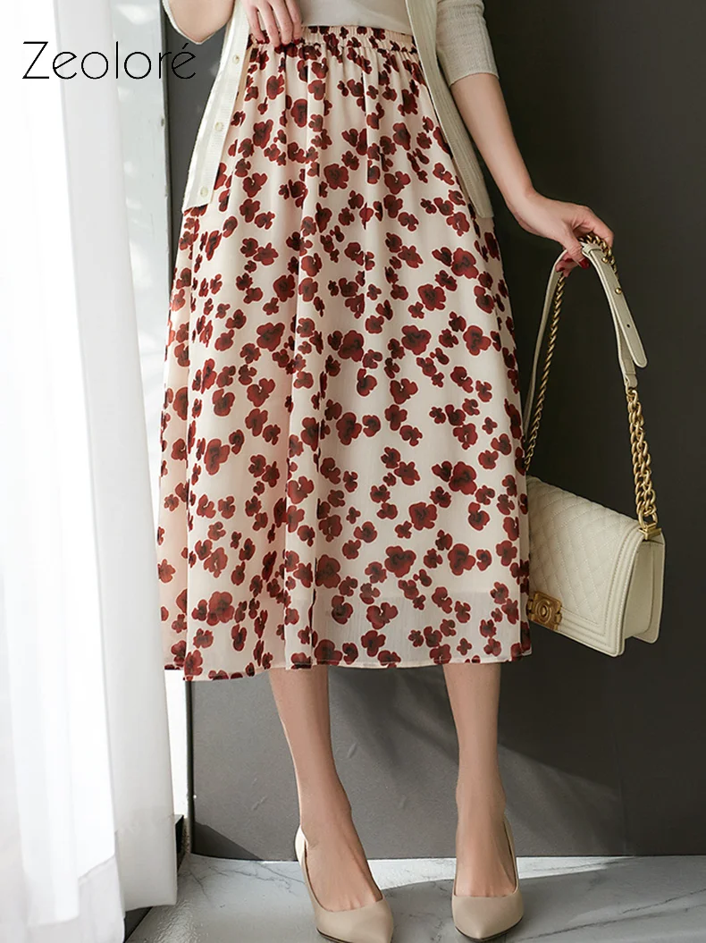 

Zeolore 2022 Women Summer Mid-length Elegant Floral Skirt Casual High Waist Printed Long A-line Skirt QT1853