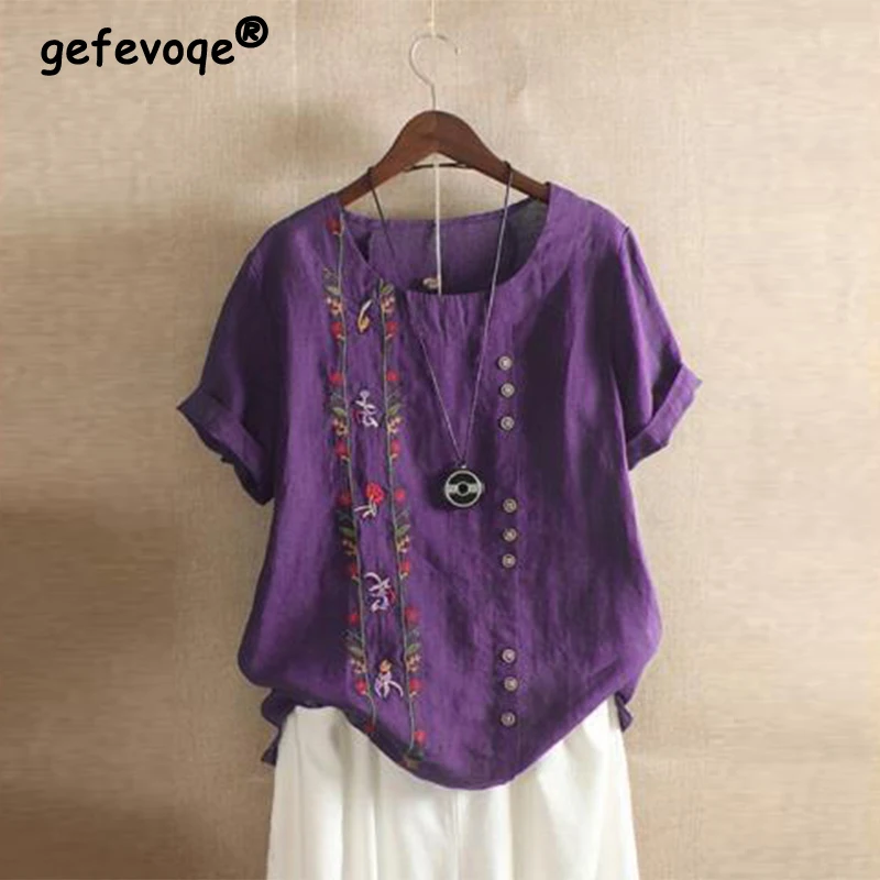 

Summer Ethnic Style Embroidery Cotton Linen Casual T-shirt Ladies Loose Fashion All-match Pullover Top Women Vintage Tees Shirt