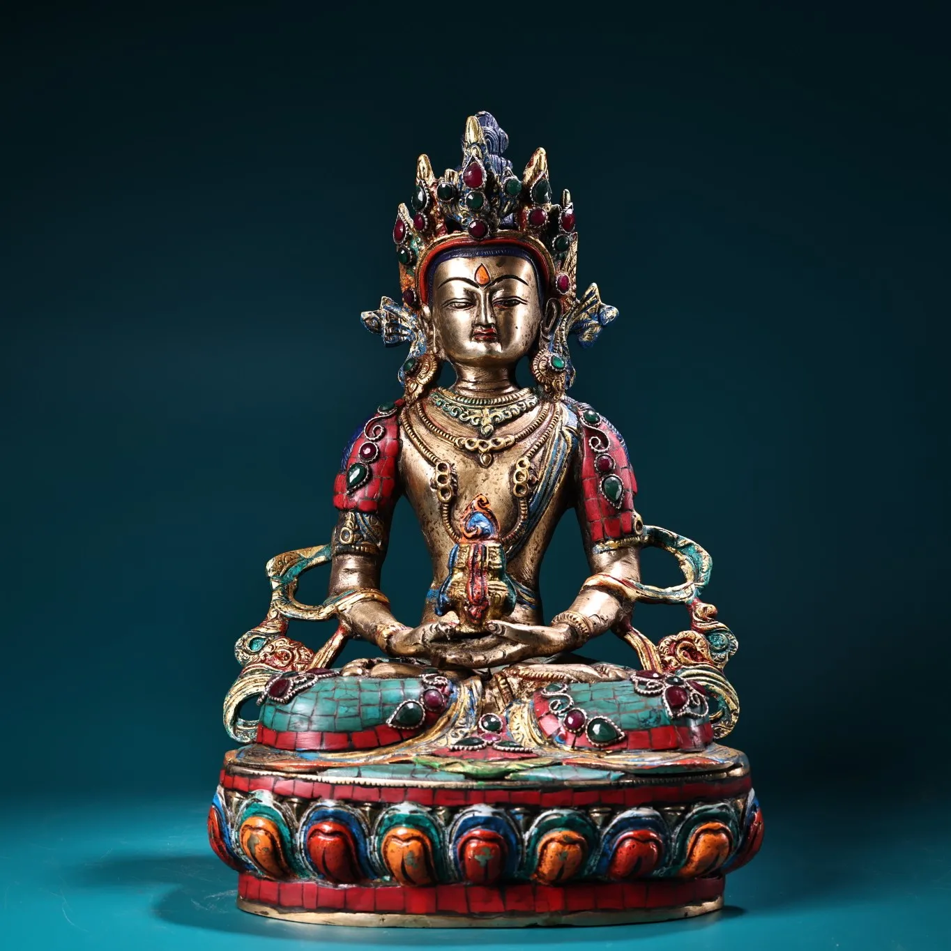 

12"Tibet Temple Collection Old Bronze Outline in gold Mosaic Gem Turquoise Amitayus Longevity Buddha Worship Hall Town house