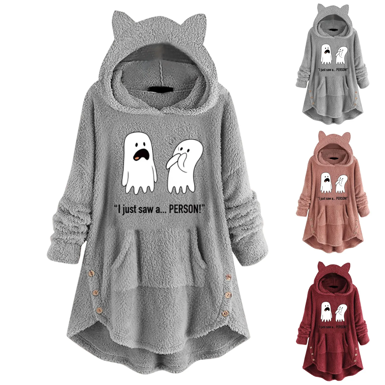 

Women Pullover Loose Long Sleeve Cat Ear Hoodie Fleece Cute Print Button Pocket Top Shirt Lightweight Hoodies Sweat Shirt Women