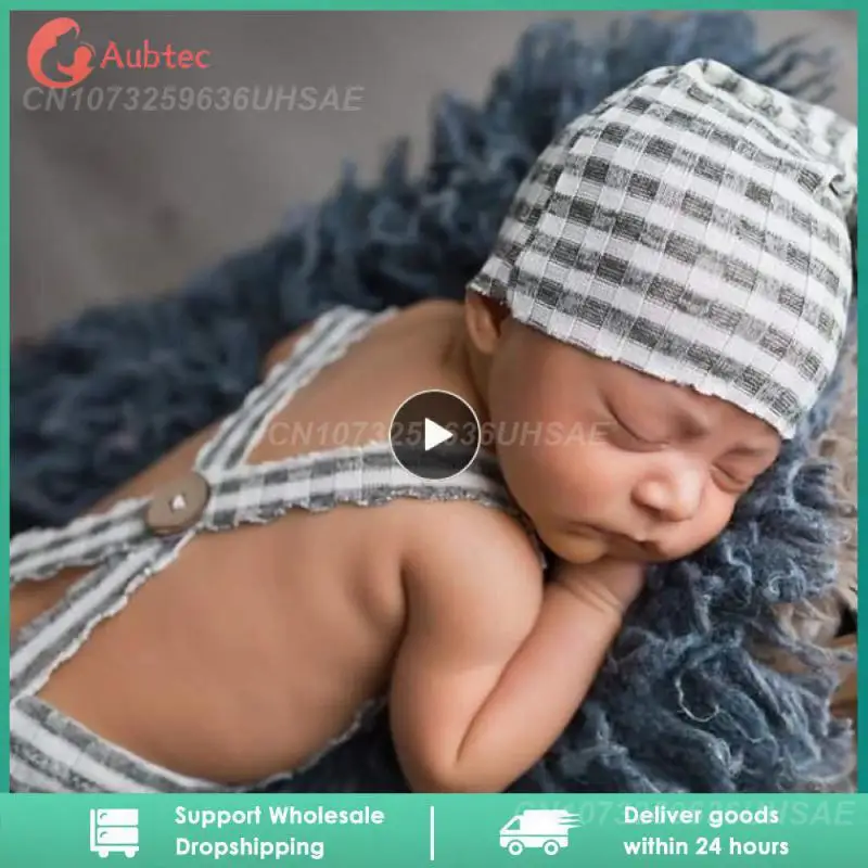 

Newborn Photography Prop Clothes Striped Suspenders Long Tail Knotted Hat Suit