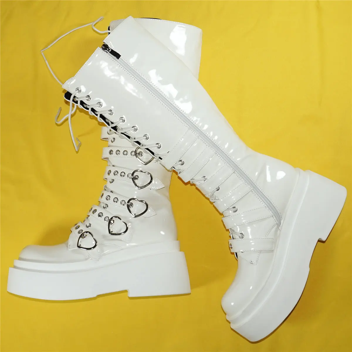 White Fashion Sneakers Women Lace Up Patent Leather High Heel Knee High Boots Female Round Toe Platform Pumps Shoes Casual Shoes