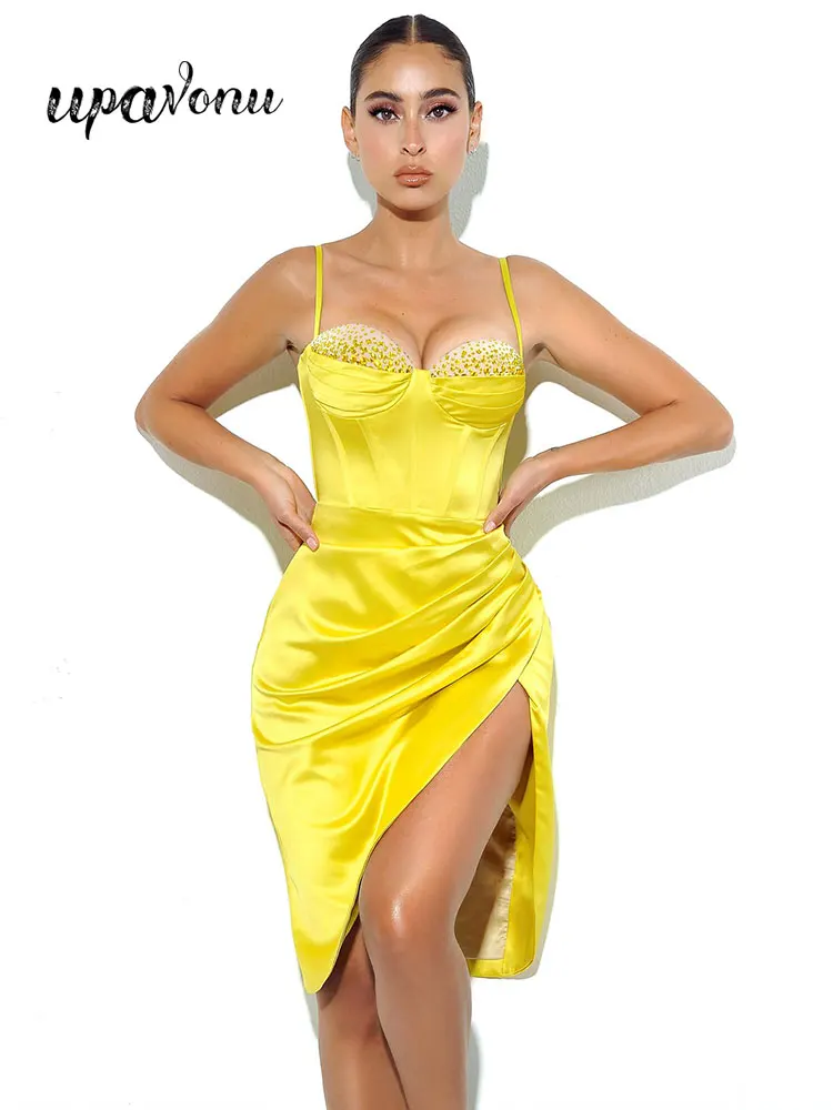 

Free Shipping 2022 Summer Sexy Red Diamonds Satin Dress Women's Spaghetti Sleeveless Bodycon Draped Split Evening Party Dresses