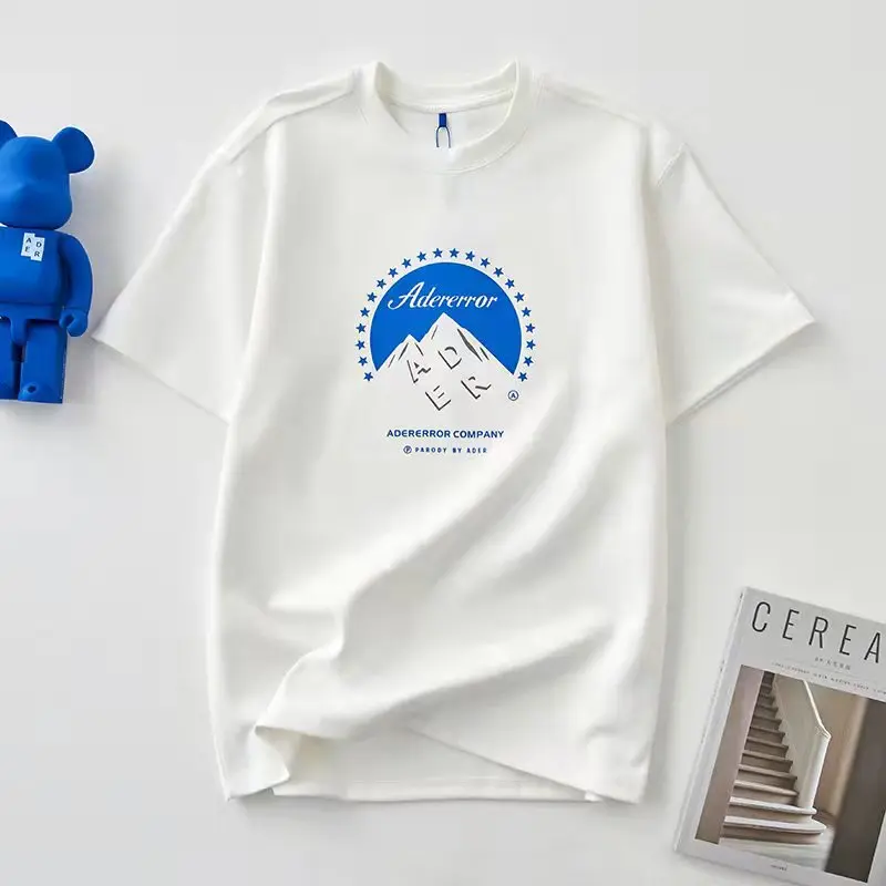 

Ader Snow Mountain Alphabet Print Short-sleeved Unisex Korean White T-shirt Couples Niche Brand AE Blusas Mujer De Moda 2022