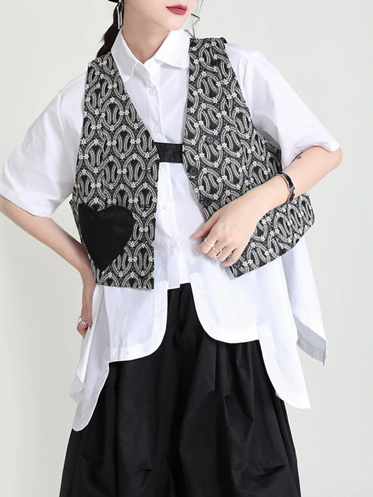 Женский Повседневный короткий жилет EAM черный Свободный с v-образным вырезом без