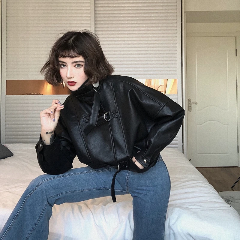 Куртка женская из искусственной кожи на молнии с рукавом летучая мышь | Женская