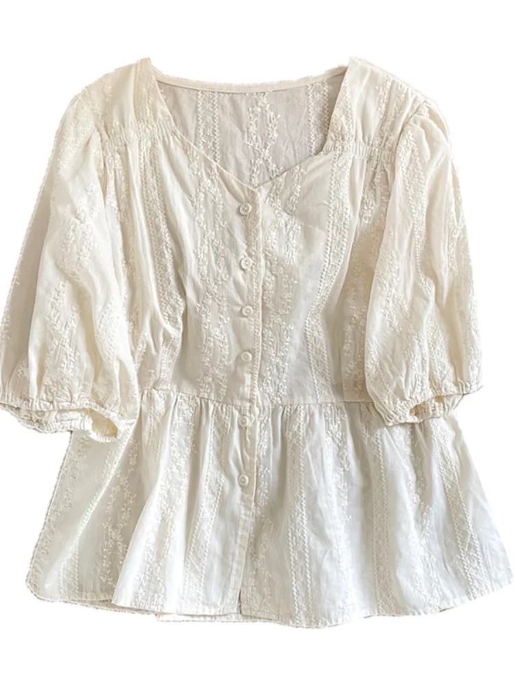 Топ из хлопка и льна с коротким рукавом Женская модная рубашка в западном стиле