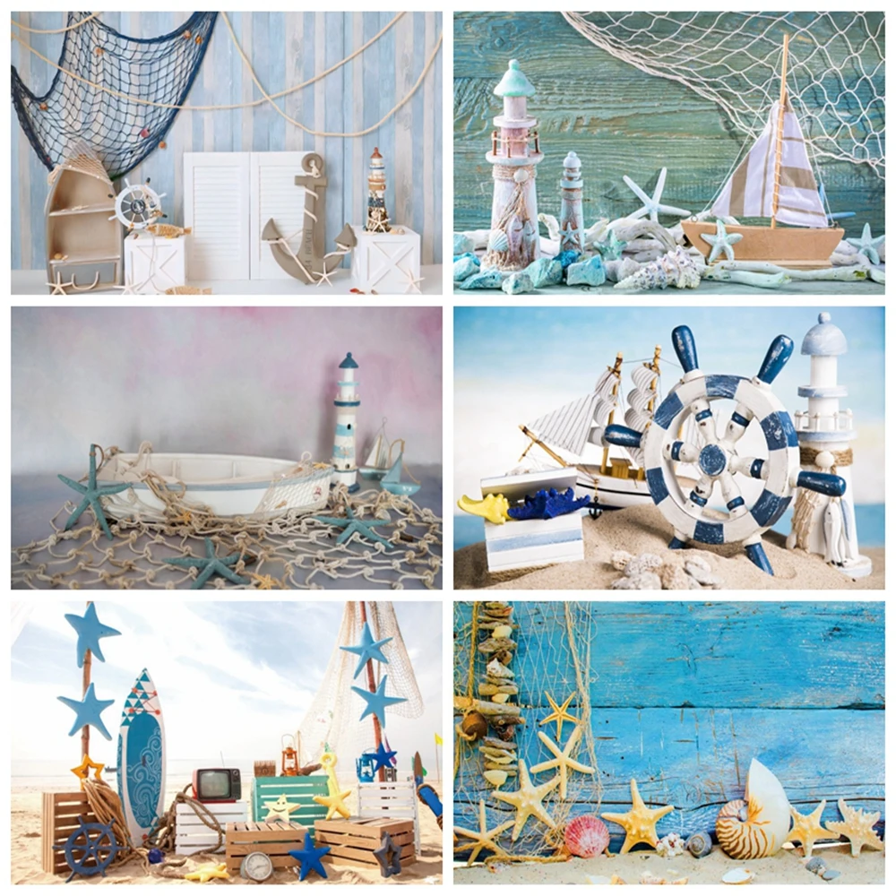 

Laeacco Childlike Baby Summer Sailing Wood Boat Anchor Wheel Rudder Fishing Net Party Photo Backdrop Photo Background Photocall