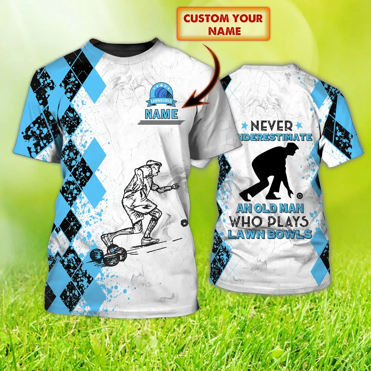

Summer printed round neck short-sleeved old man playing lawn bowls casual sports street wind shirt clothing men's T-shirt