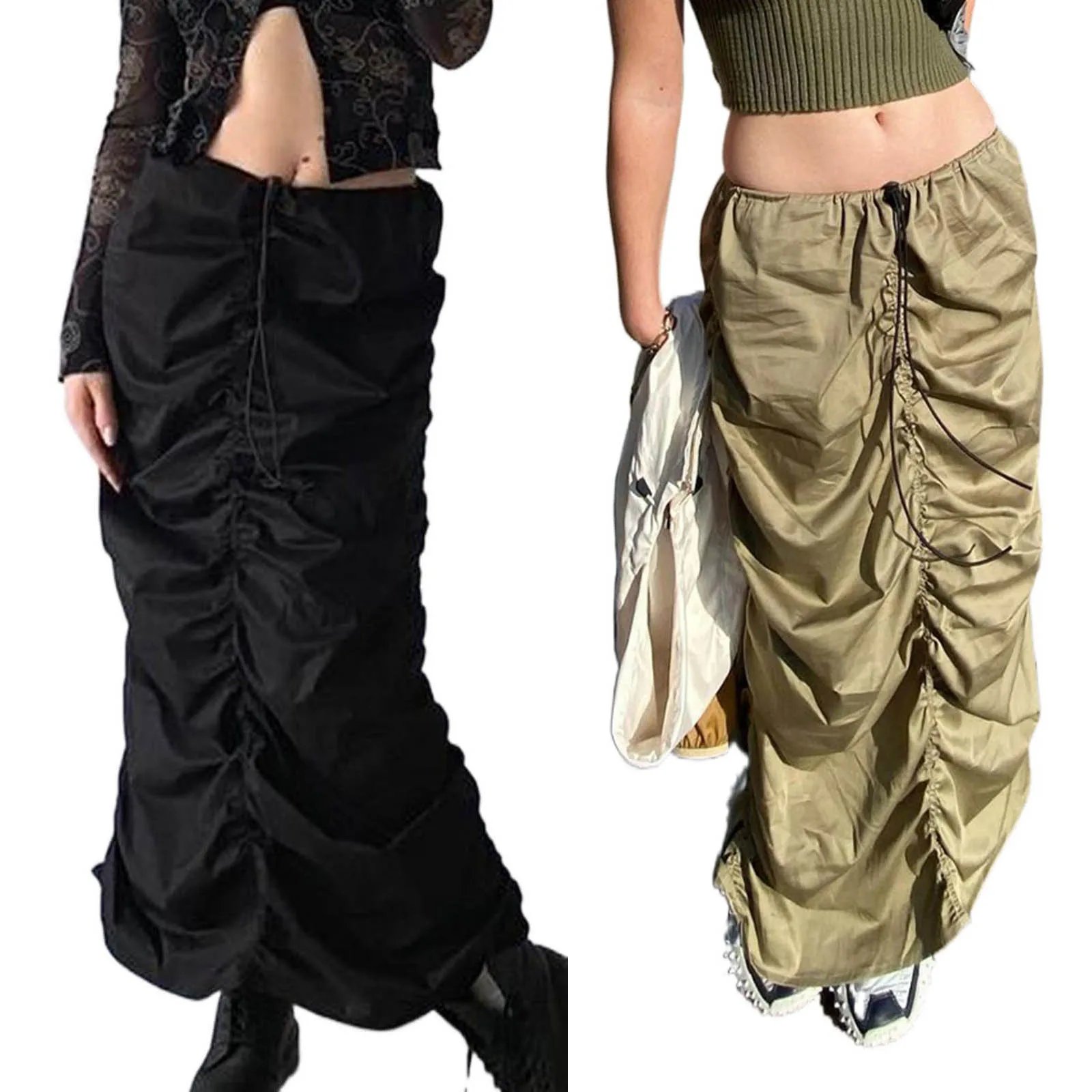 

Women Drawstring Pleated Adjustable Elastic Low Waist Half Skirt Casual Daily Skirts Female Vintage Streetwear