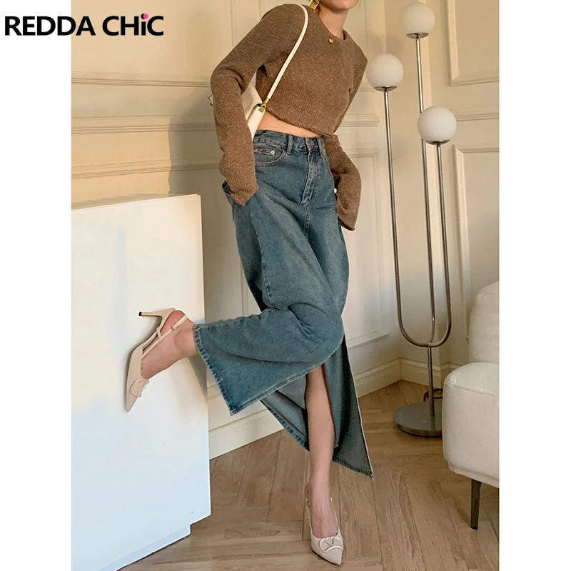 

ReddaChic Tall Girl Friendly Jeans Skirt Maxi with Front Slit Korean Girls Stylish Casual Plain Floor Long Denim Skirt Plus Size
